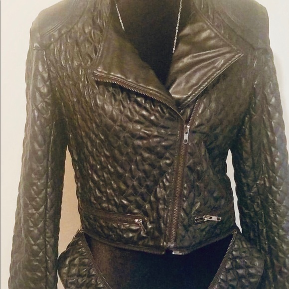 Black Faux Quilted Leather Size M Jacket - Picture 1 of 7